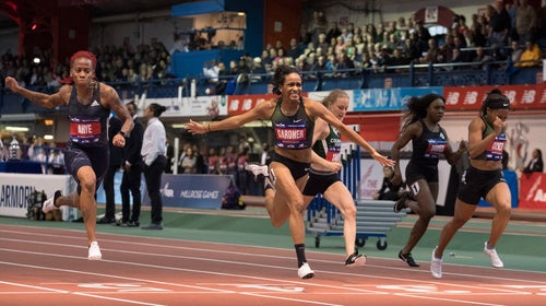 English Gardner crosses the finish line in the women's 60-meter sprint at the Millrose Games track and field meet, Saturday, Feb. 9, 2019