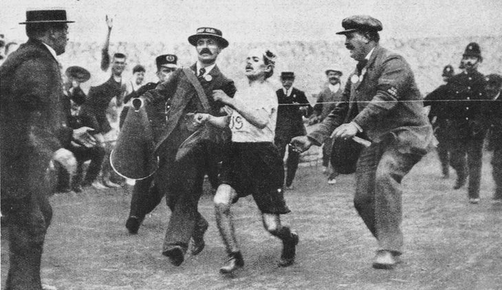 Dorando Pietri struggles to the finish of the first Olympic marathon