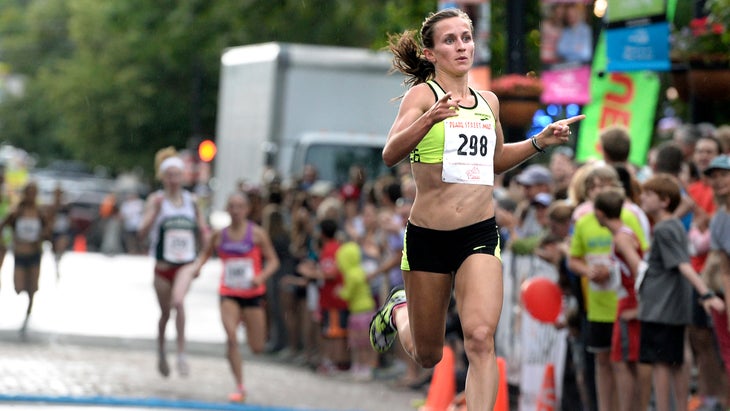 Vaughn nears the finish line during the Pearl Street Mile in Boulder, Colorado.