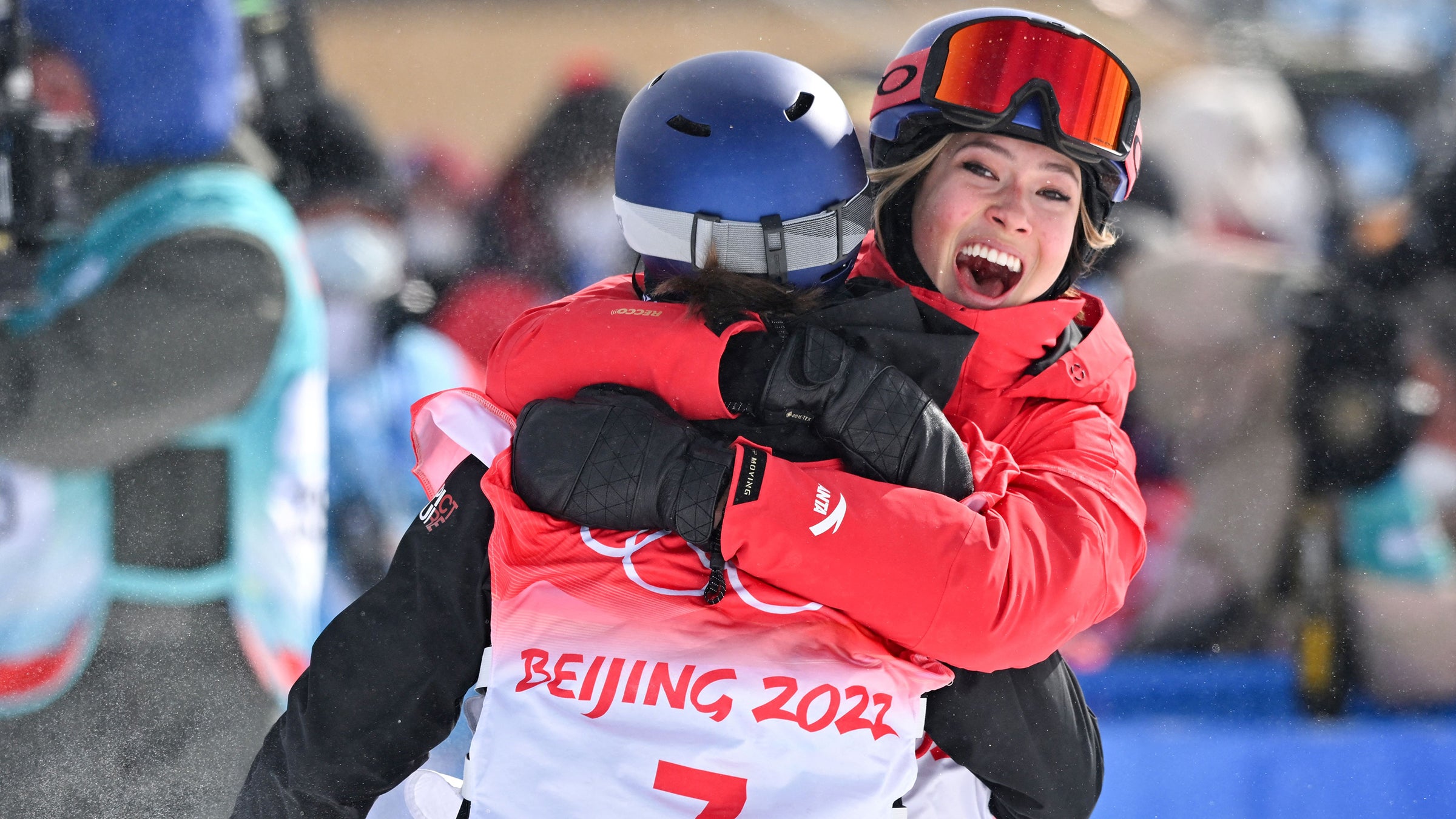 Chinese-American skier Eileen Gu (right) hugs winner Switzerland’s Mathilde Gremaud after the freeski slopestyle event at this year’s Winter Olympics.