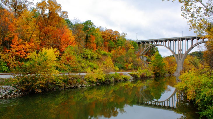 Autumn trees reflection in water at Cuyahoga Valley National Park.