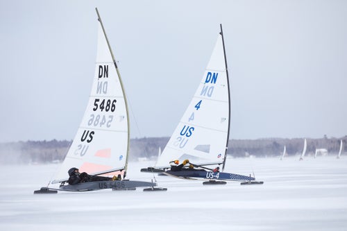 Iceboat racers round the turn near the windward mark at the 2021 IDNYIRA Nationals.
