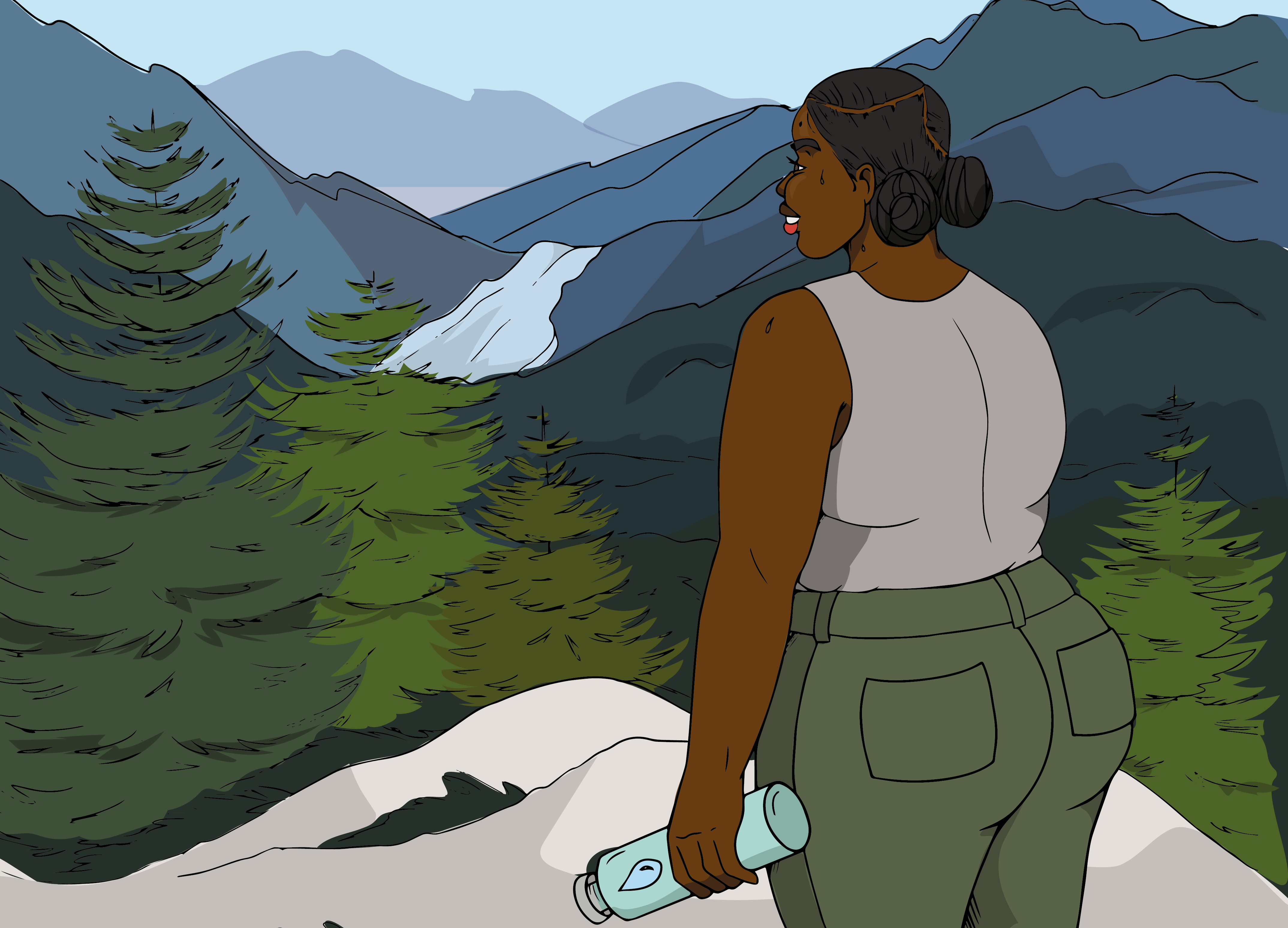 Illustration of a Black woman in green pants and beige tank holding water bottletop looking out into a valley filled with trees. Marketing