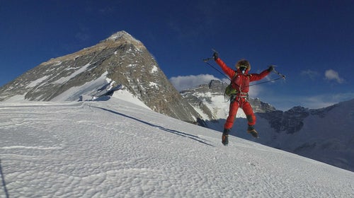Jost Kobusch celebrates on Mount Everest