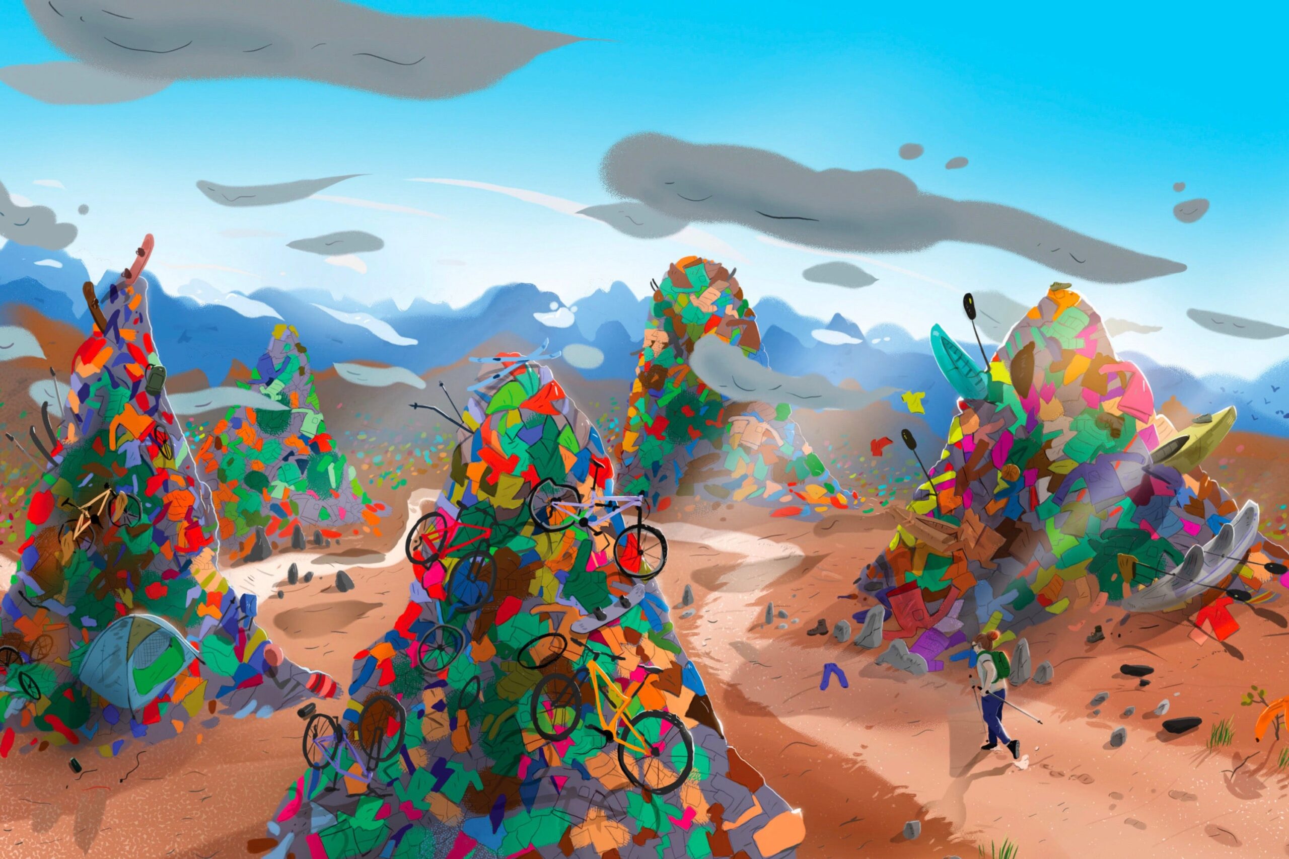 Illustration of person hiking through mountains of trash