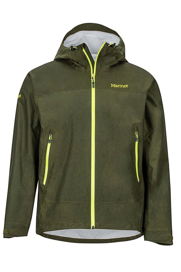 GTI-Marmot Mens Eclipse Green Theme International Marmot men's Eclipse jacket, dark green rain jacket with yellow zippers