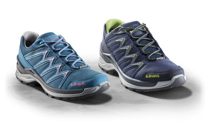 LOWA_NNOX PRO GTX LO Ws & INNOX PRO GTX LO Two low-cut Lowa hiking shoes, one turquoise with pink accents, one navy blue with green accents