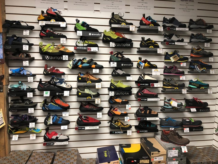 Nomad Ventures Joshua Tree A wall of climbing shoes at Nomad Ventures' Joshua Tree location