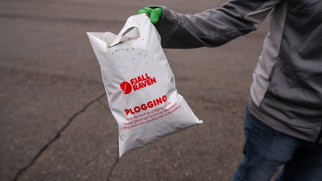 A plogging bag used for Earth Day cleanup