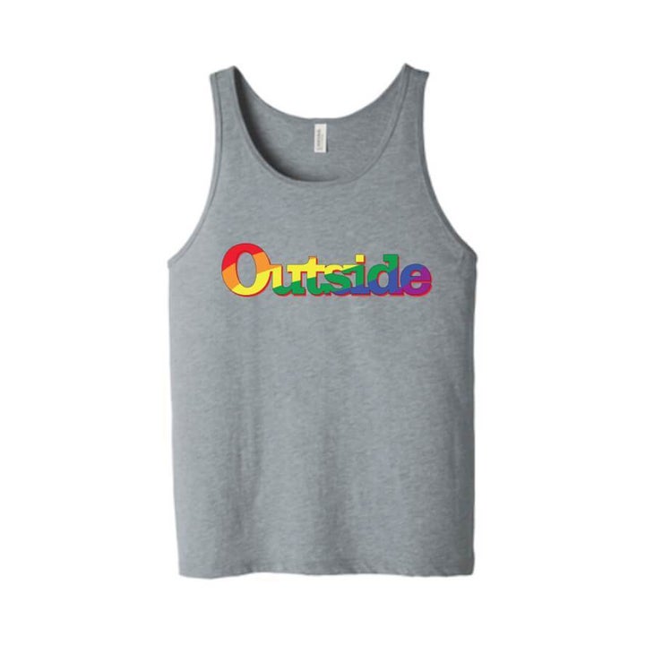 Gray tank T-shirt with Outside in rainbow letters | Queer ERG
