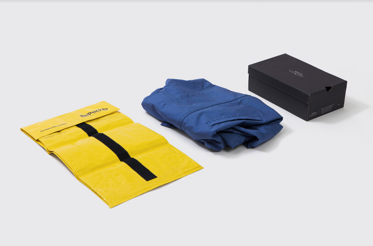 RePack Product Europe (1) A yellow mailer, a blue jacket, and a black shoebox lined up in a row