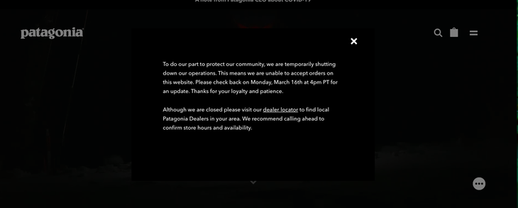 Screen Shot 2020-03-13 at 8.20.24 PM screenshot from patagonia website announcing closure