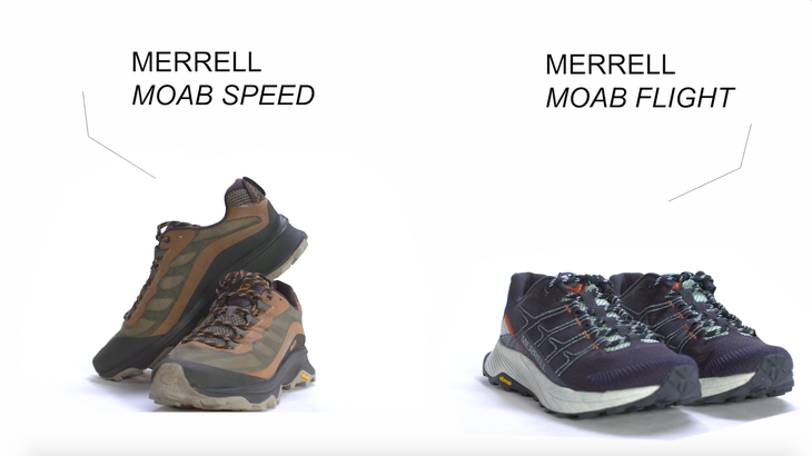 Screen Shot 2020-08-05 at 11.20.20 AM Brown Merrell Moab Speed shoes sit on the left of the image on a white background. One is stacked on the other. Text above reads