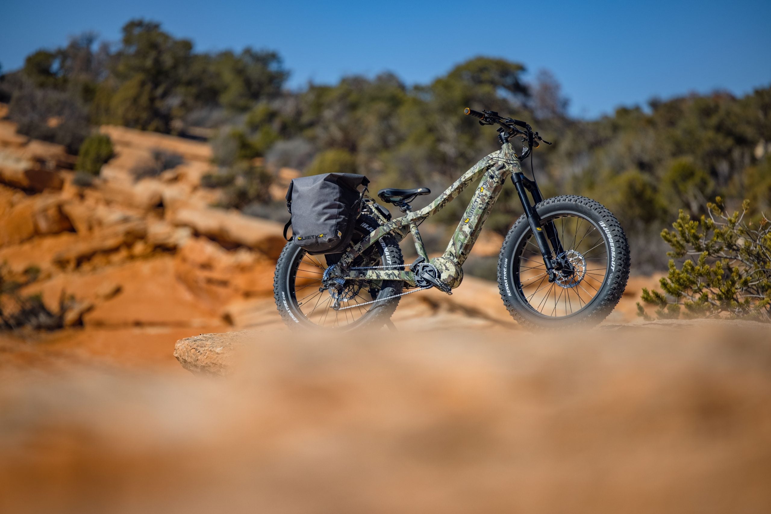 An electric bike with black paniers parked in a desert landscape