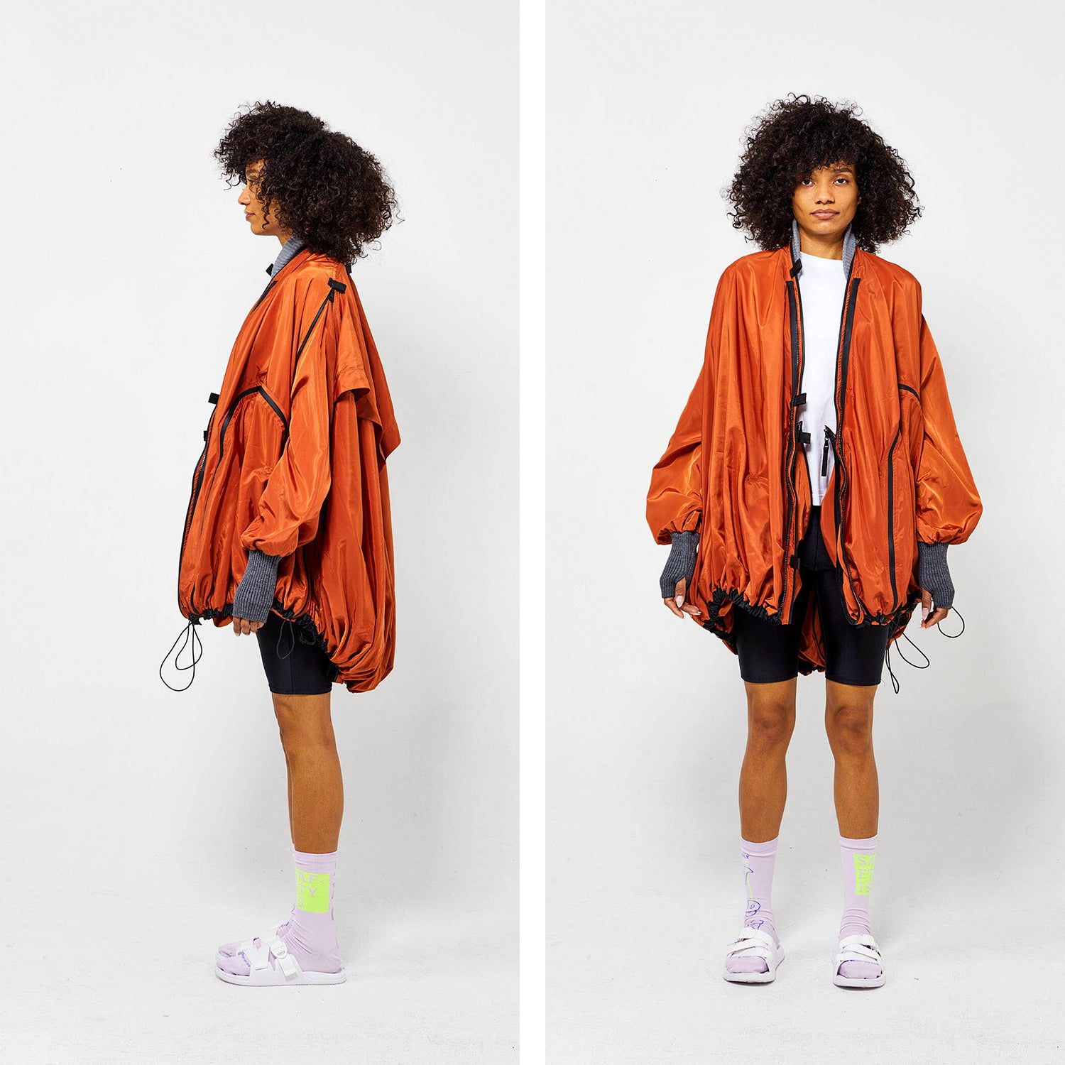 Model wearing upcycled clothes