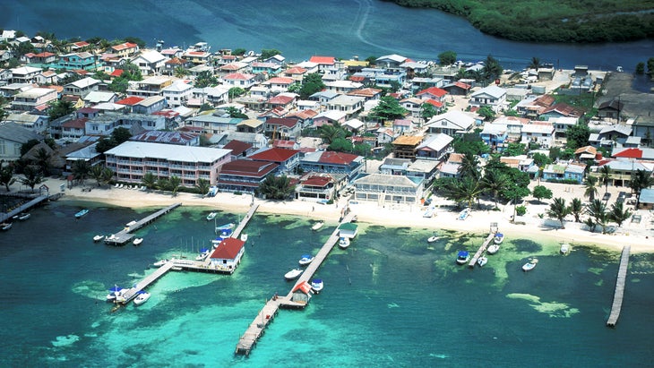 Belize, Placencia, Aerial view of village on sea coast