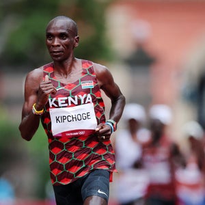 Eliud Kipchoge of Team Kenya competes in the Men's Marathon Final on day sixteen of the Tokyo 2020 Olympic Games at Sapporo Odori Park on August 08, 2021 in Sapporo, Japan
