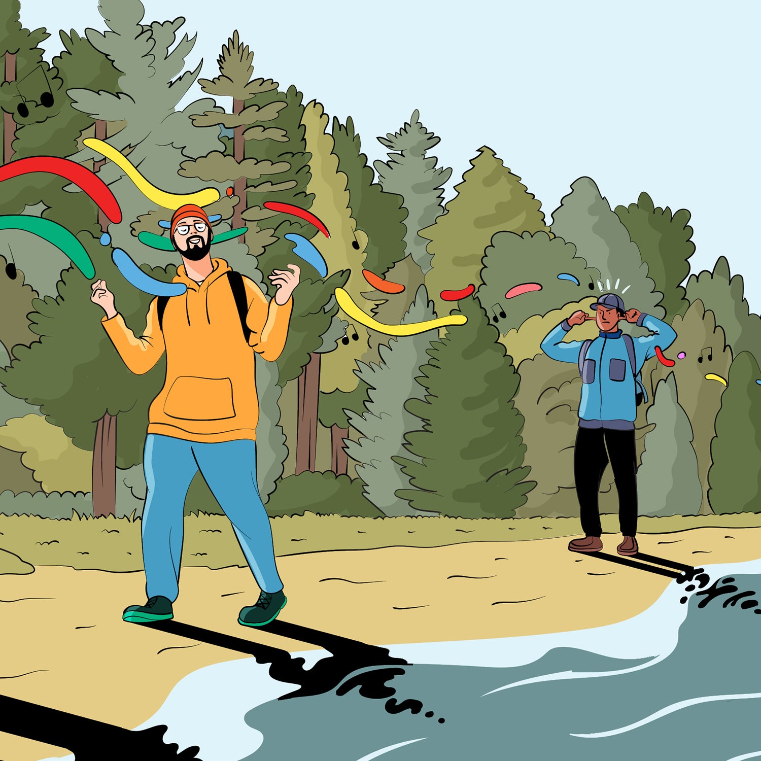 Illustration of people outside reacting to music