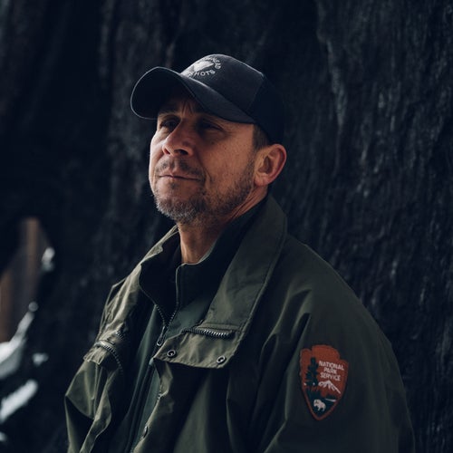 Joe Suarez, superintendent of the Arrowhead Hotshots, in the Grant Grove of Sequoia–Kings Canyon National Parks