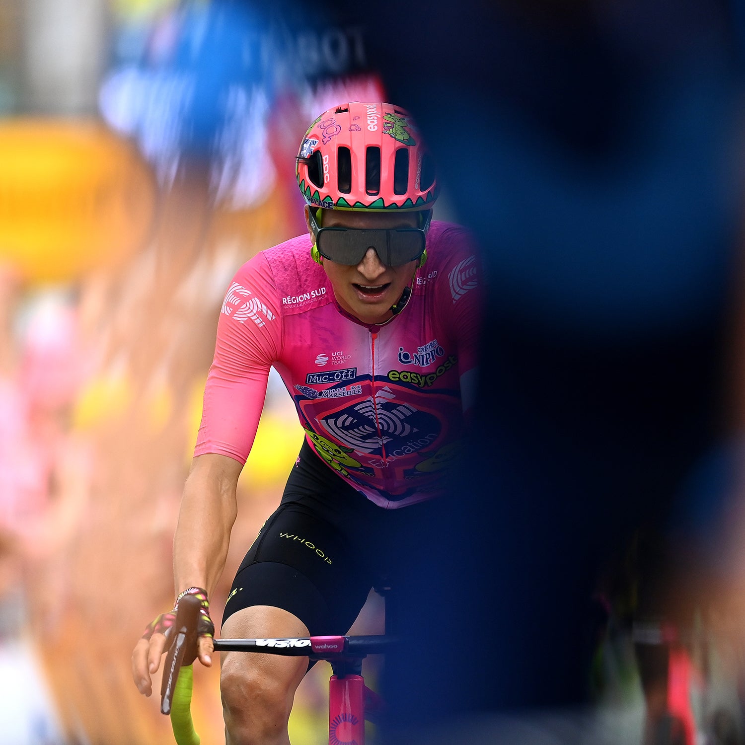 Neilson Powless crosses the finishing line during stage 6 of the 109th Tour de France.
