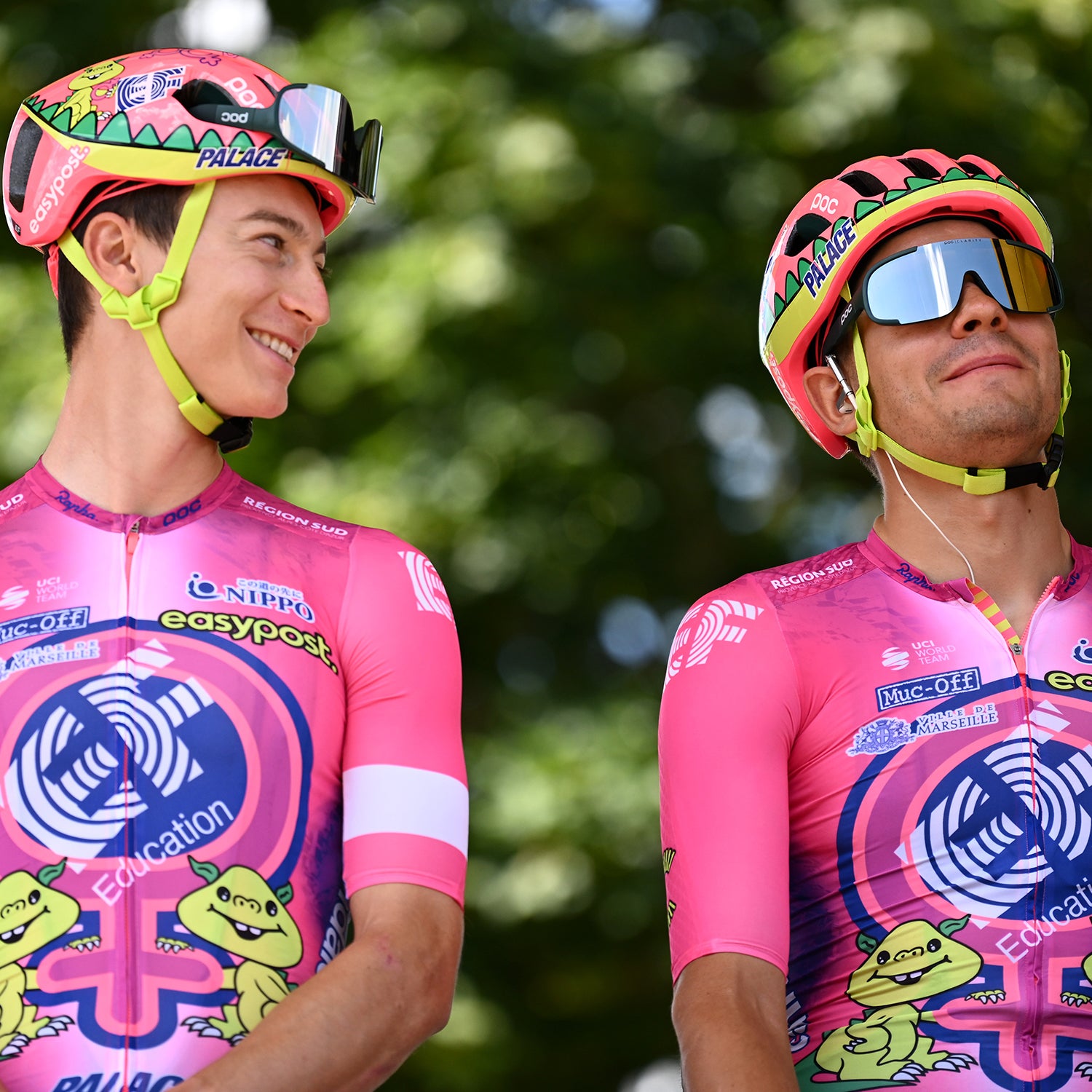 From left: Neilson Powless and Stefan Bissegger prior to stage 2 of the 109th Tour de France