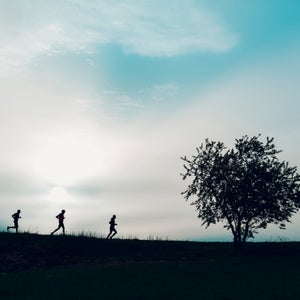 group running on a trail in nature with trees at sunrise.
