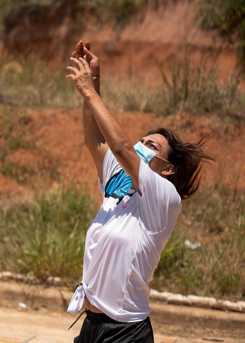 Pilar Idamg warms up for Wigudun Galu’s first match after the Panamanian government dropped lockdown measures in February 2021.