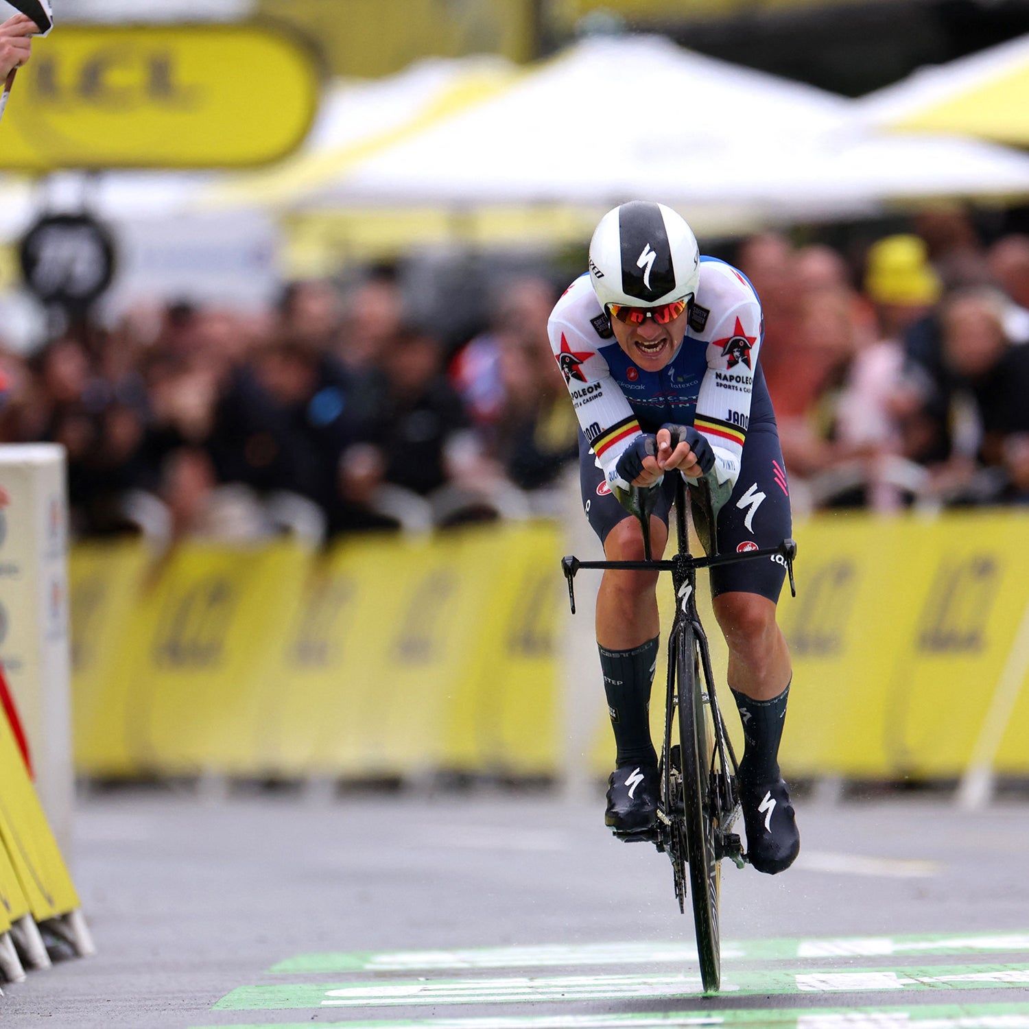 Yves Lampaert cycles to the finish line during the 1st stage of the 109th edition of the Tour de France.