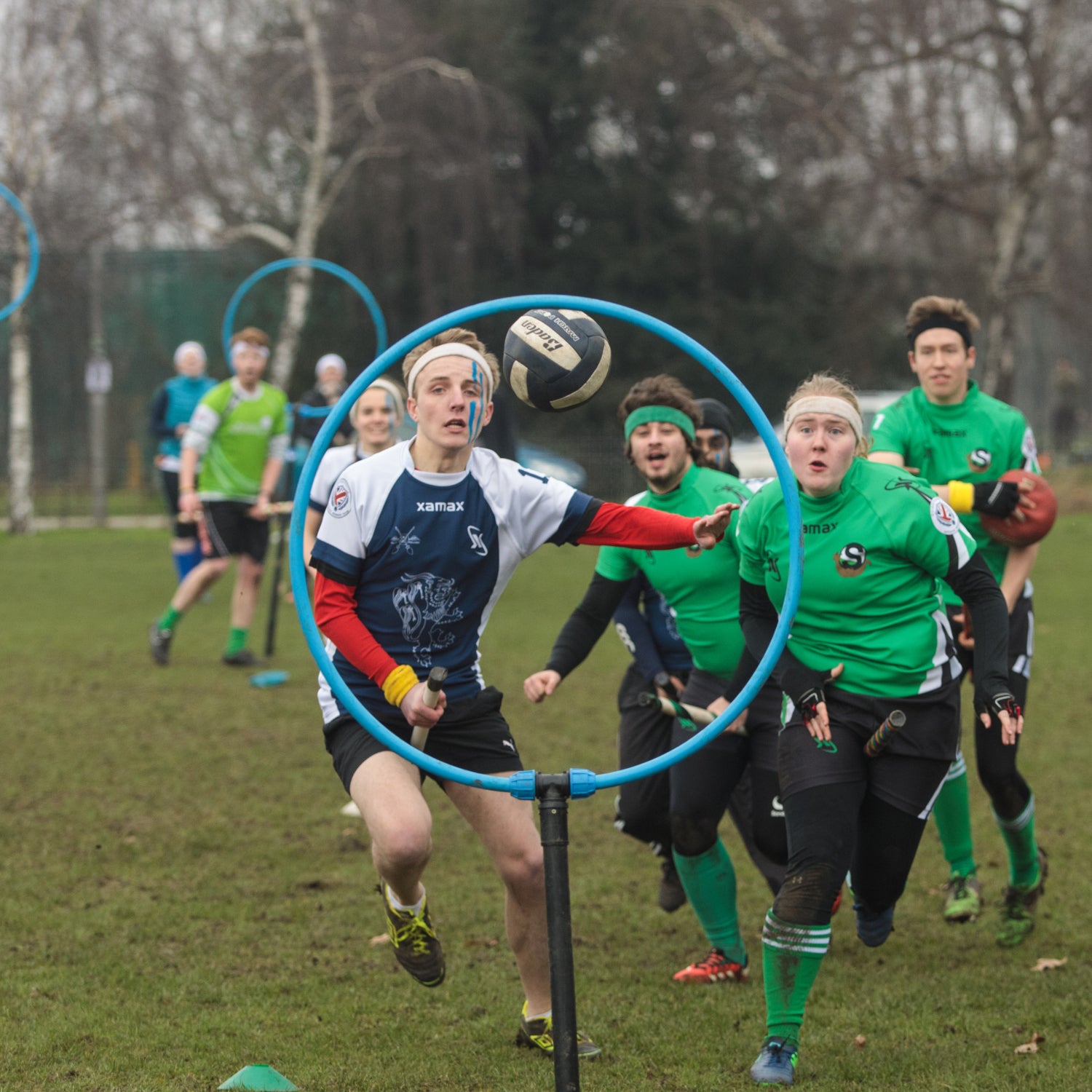 The Keele Squirrels (in green) play the Radcliffe Chimeras during the Crumpet Cup quidditch tournament on Clapham Common on February 18, 2017 in London, England.