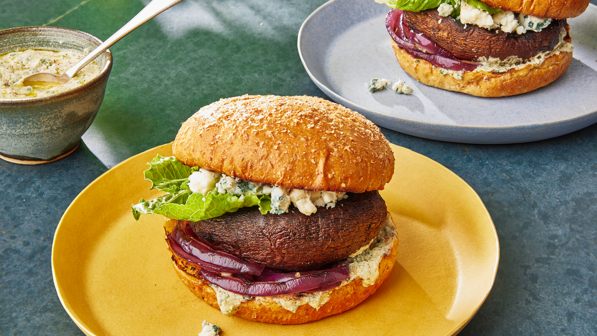 Grilled Portobello Burgers with Blue Cheese and Creamy Dijon Outside