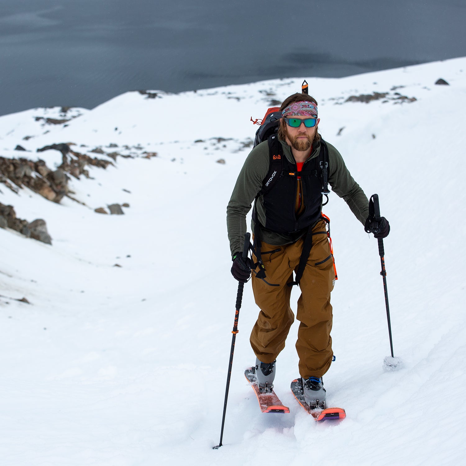 Skier wearing layers in Greenland