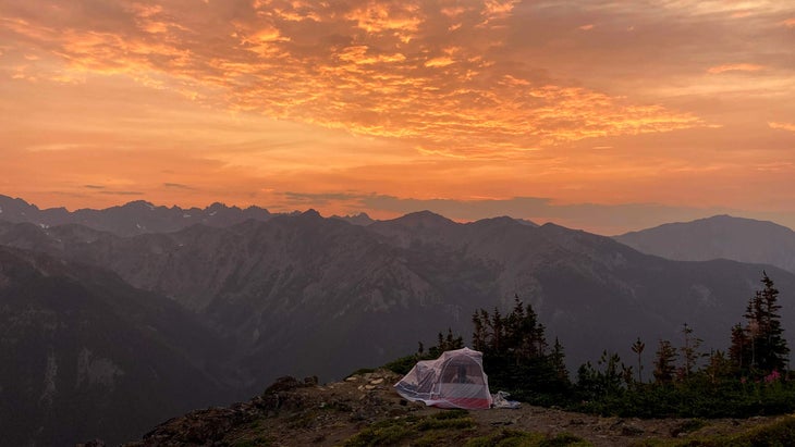 camping tent sunset