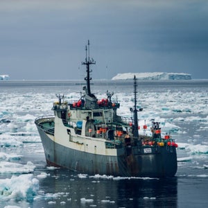 The Thunder tries to escape by charging through a perilous patch of ice fields in Antarctica's Southern Ocean.