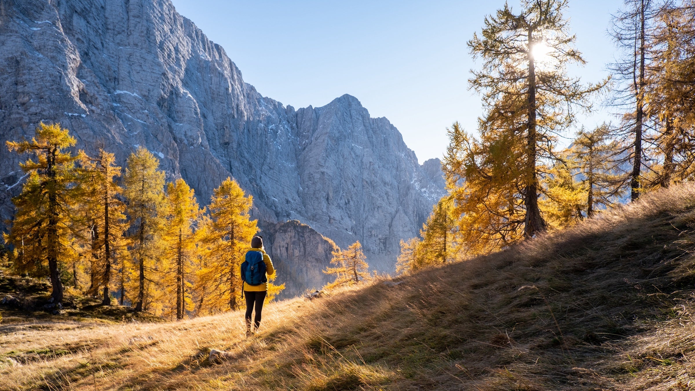 women hiking in the fall with yellow trees and mountains.