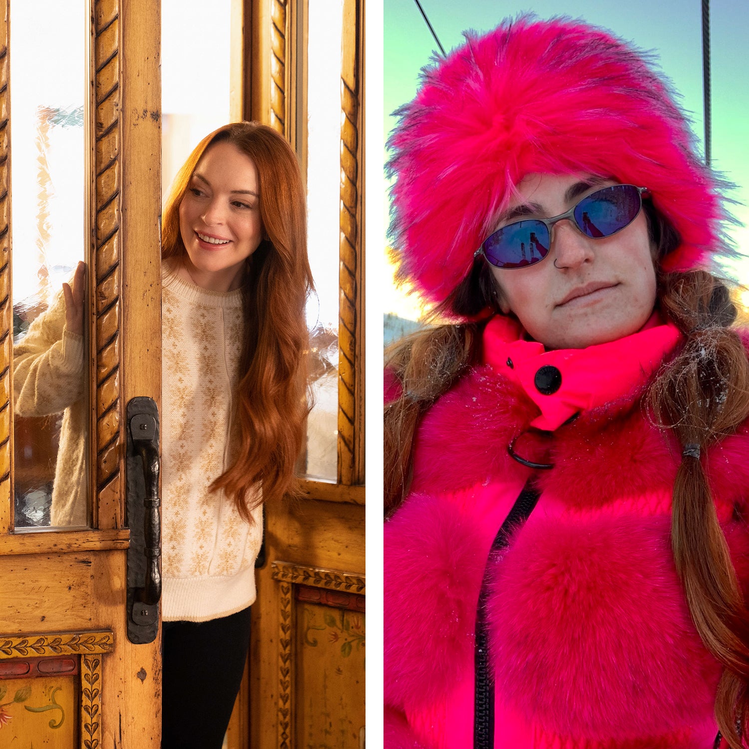 Lindsay Lohan in her new film Falling for Christmas, and professional skier Rian Zetzer, in costume to play Lohan.