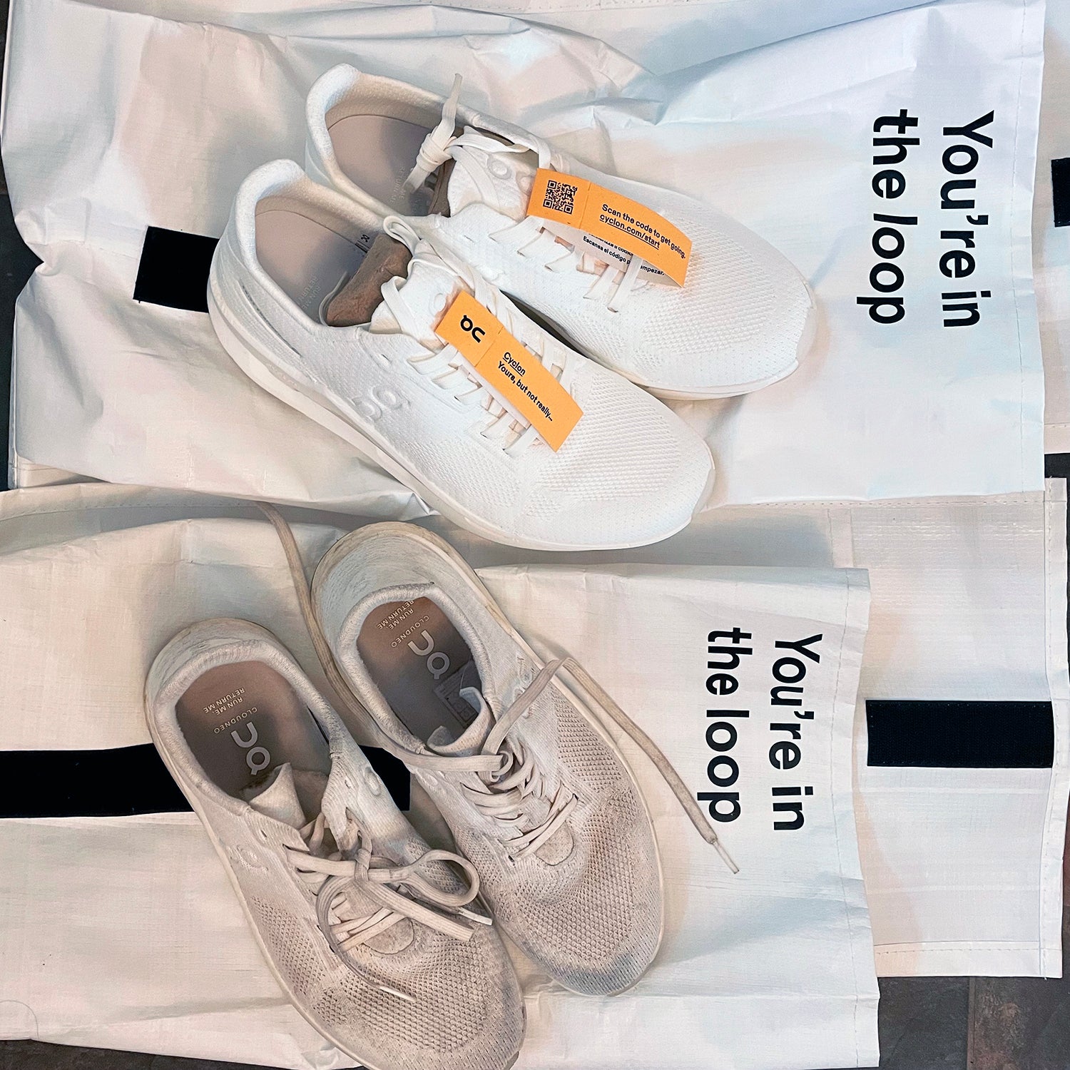 On Cyclon shoes and recycling bags