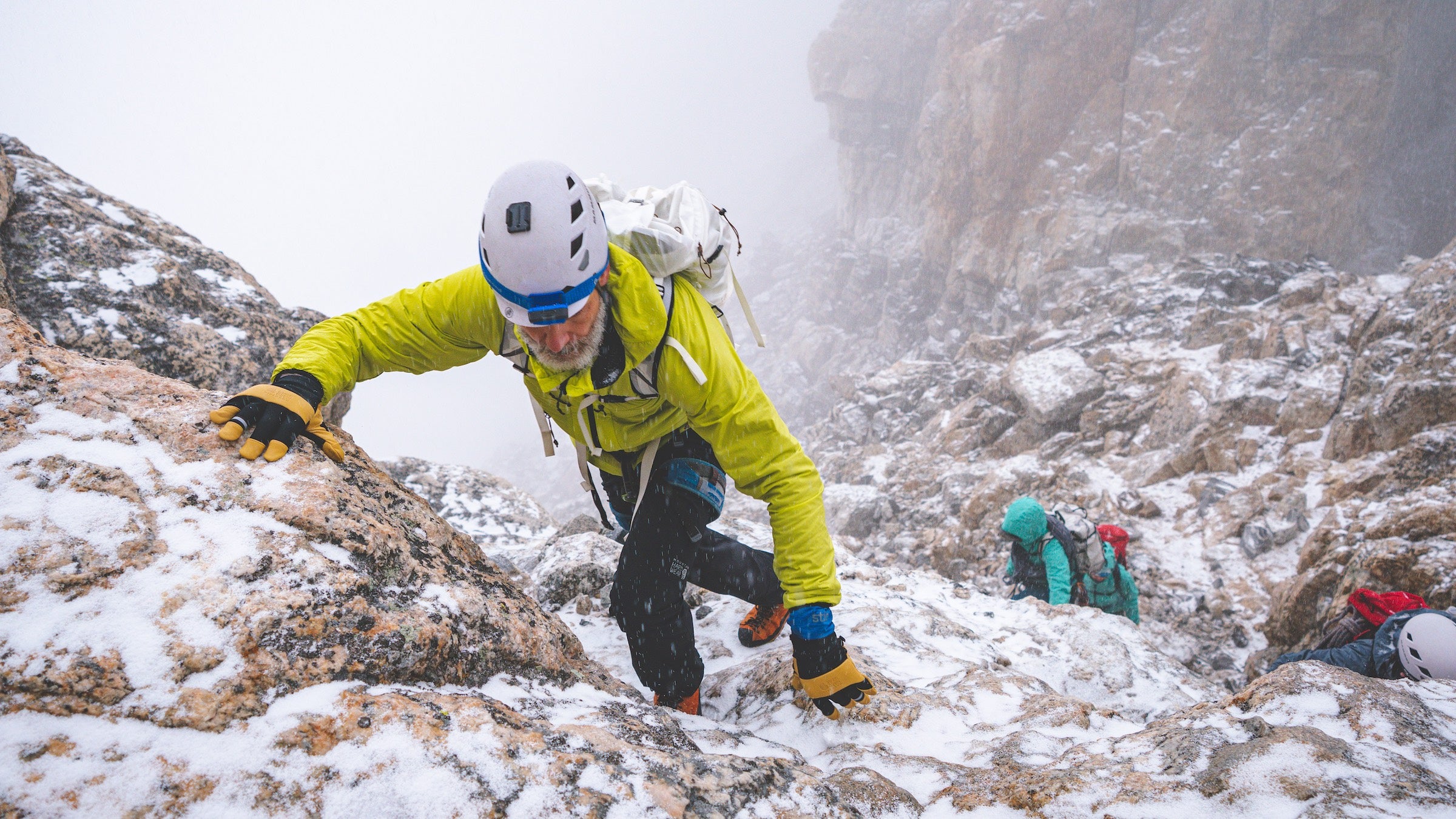 The Mountain Hardwear Kor Airshell Warm jacket in action on the Grand Teton.