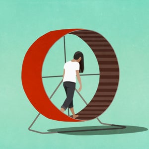 An illustration of a white woman with long brown hair looking dejected, walking on a large red hamster wheel against a turquoise background.