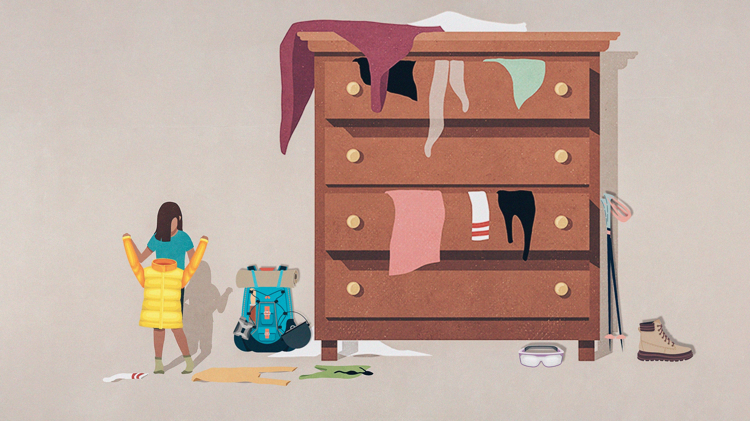 illustration of small person holding up a puffy jacket next to a large dresser and outdoors gear