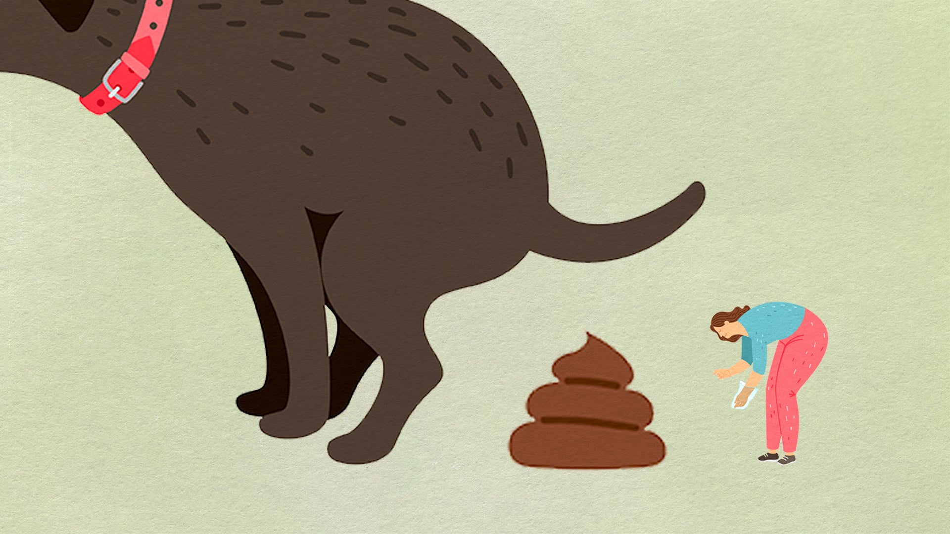 illustration of large dog pooping while small person attempts to use a bag to pick it up