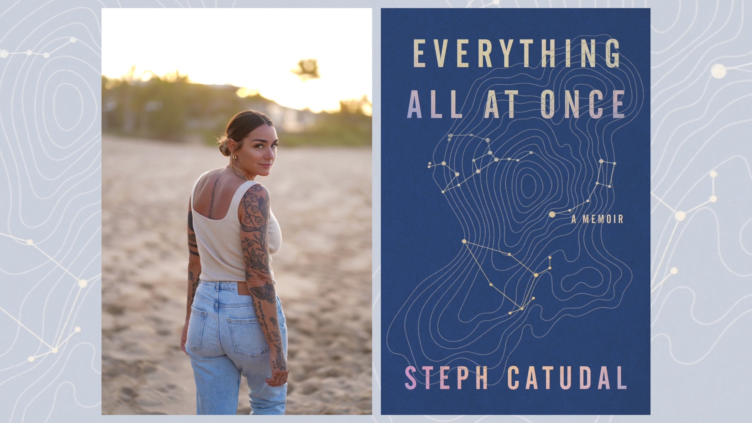 Photo of author on left on a beach and the blue cover with a constellation on it on the right