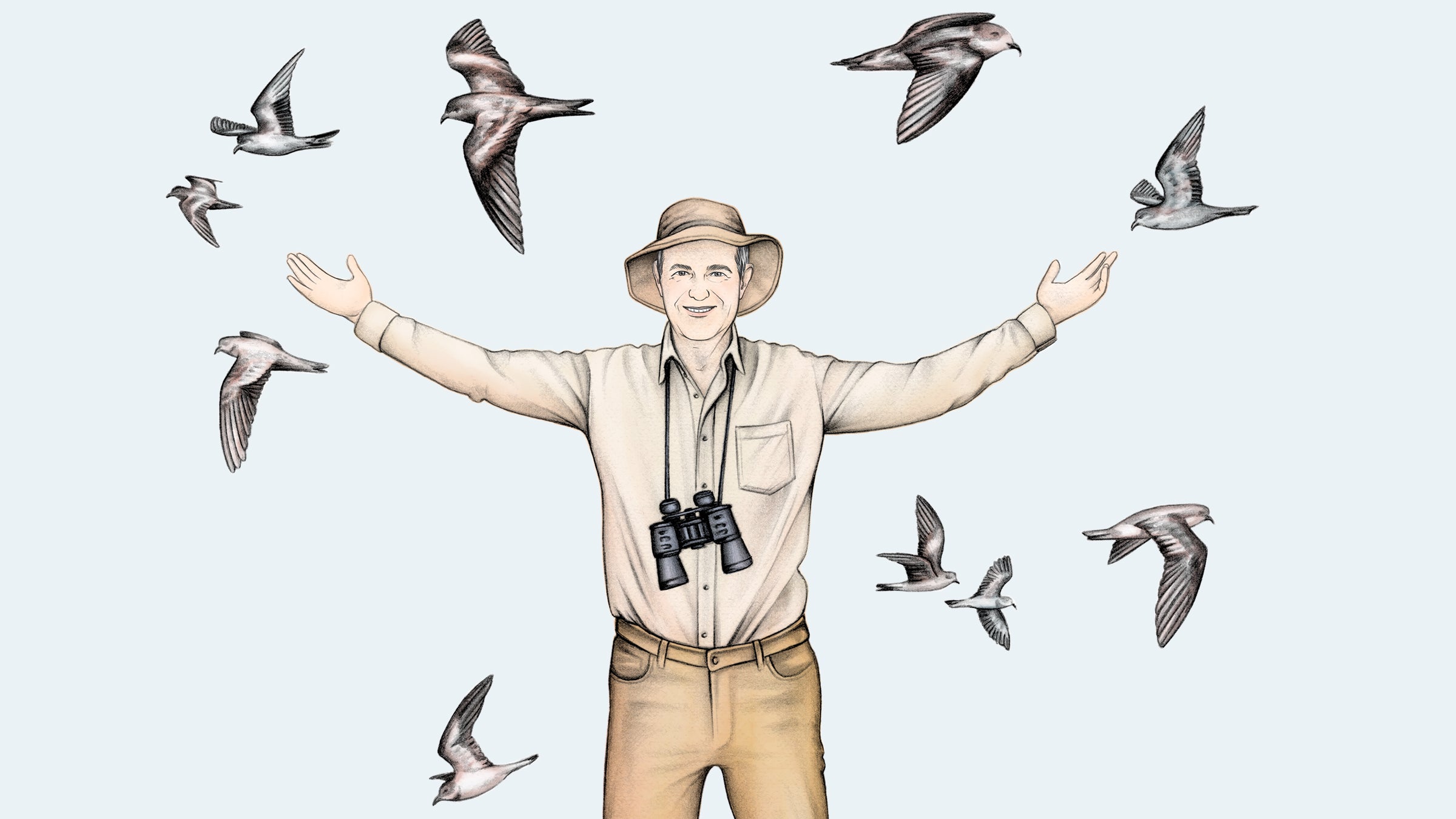 Peter Kaestner illustration with birds flying around him