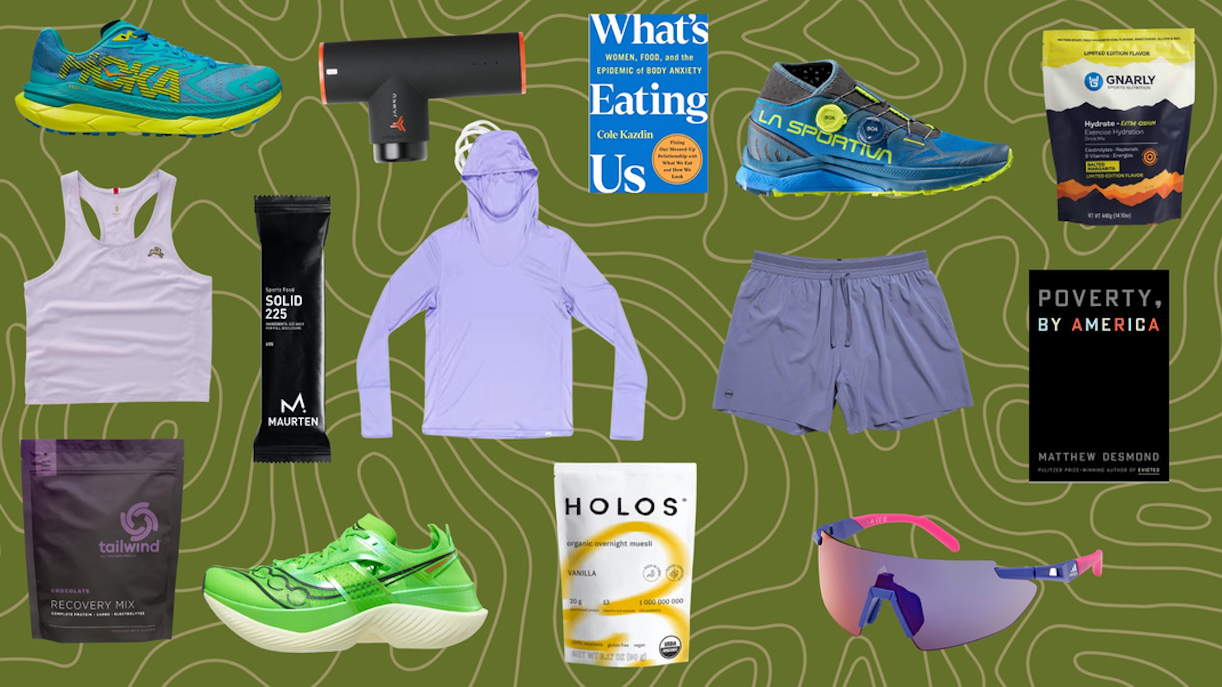 A mosaic of running gear items on a green background