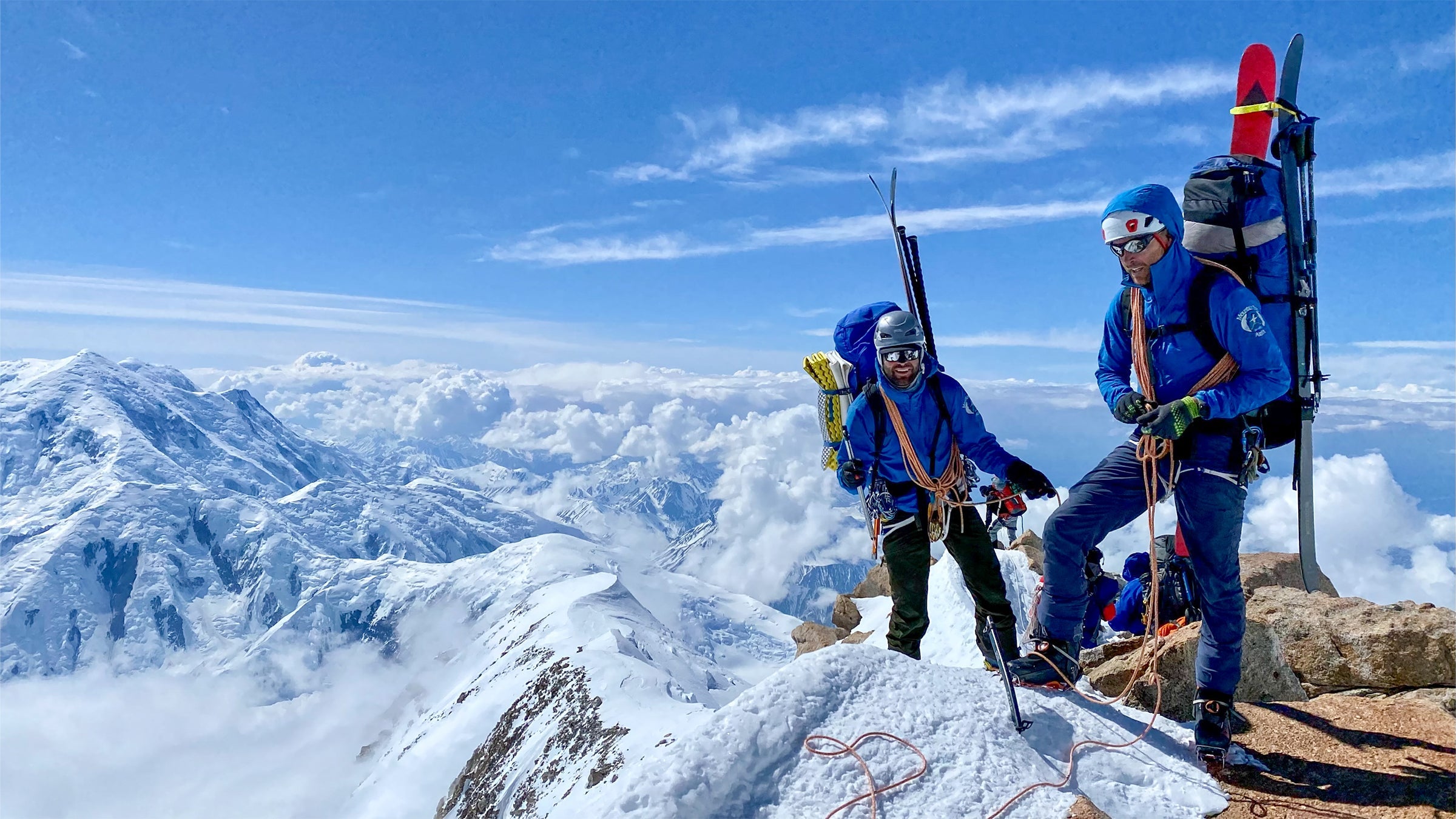 Jake Skeen (left) and Jed Porter at 17,000 feet on the West Buttress of Denali, moving up to high camp.