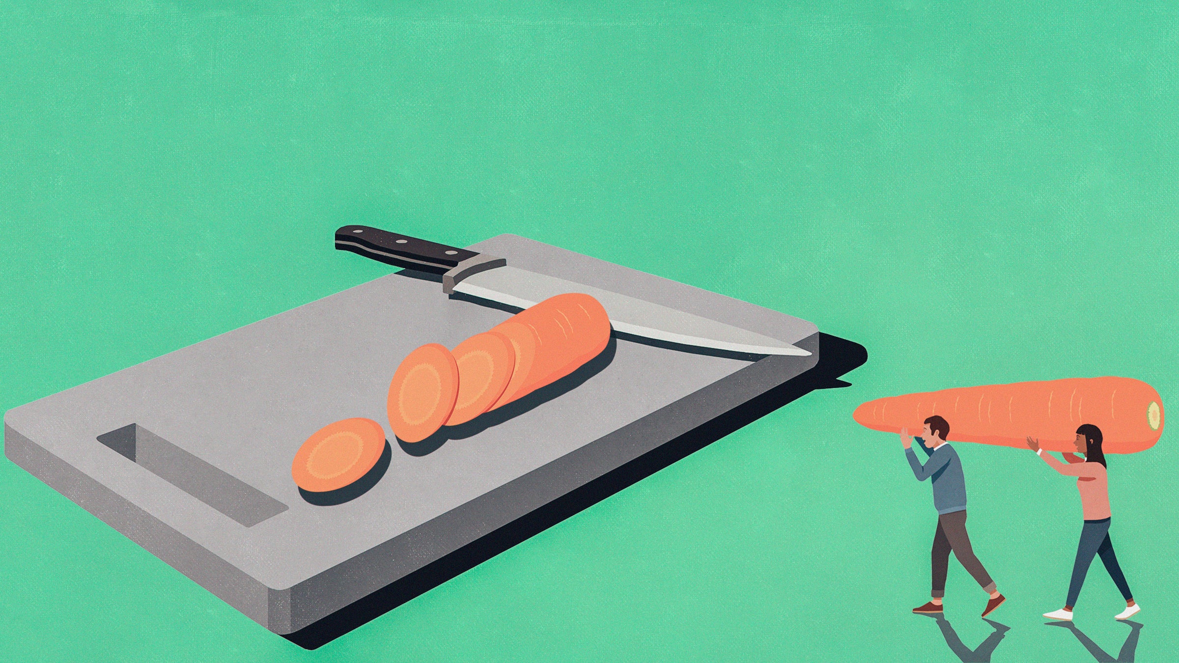 Illustration of two miniature people carrying a carrot to a cutting board