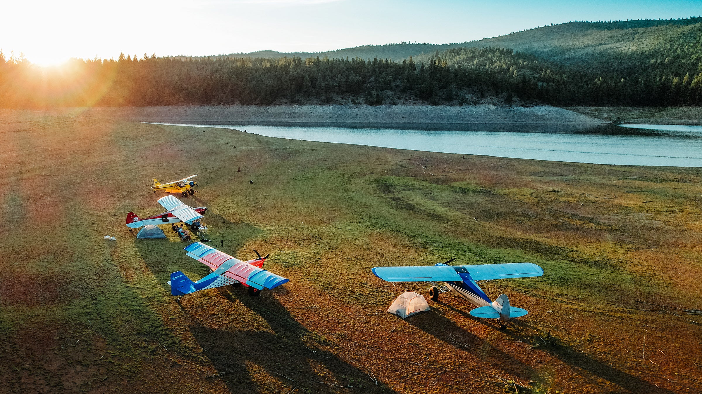 Plane-camping on the shore of Stampede Reservoir
