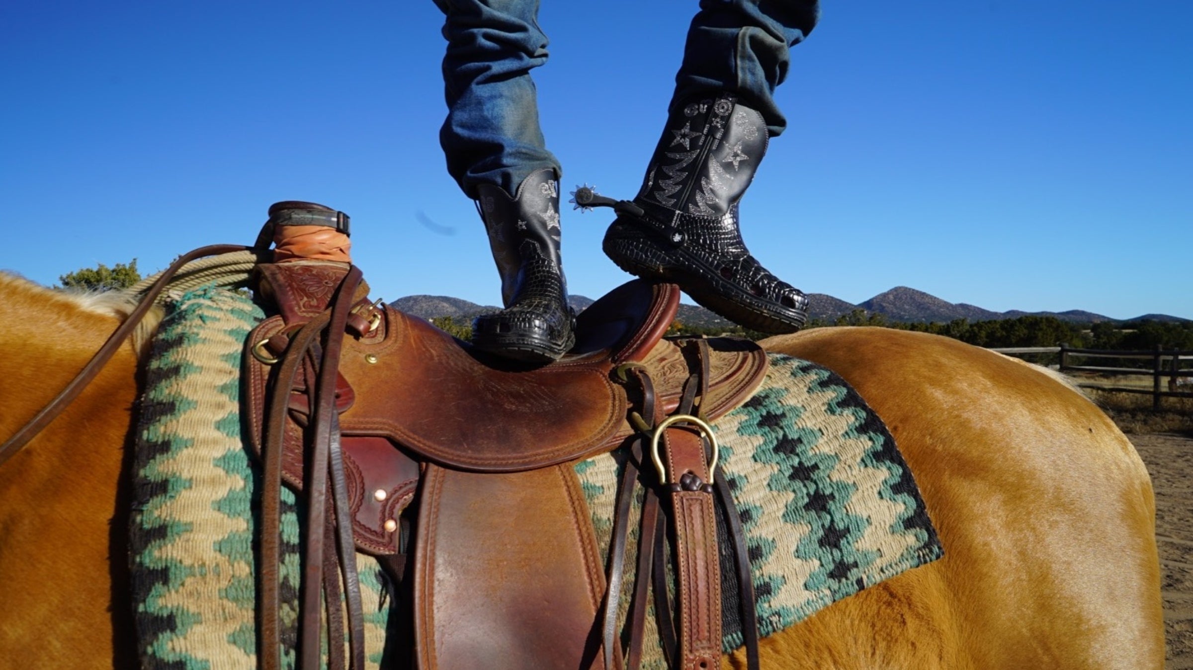 a close-up photo of a man in jeans standing on the back of a horse wearing crocs cowboy boots