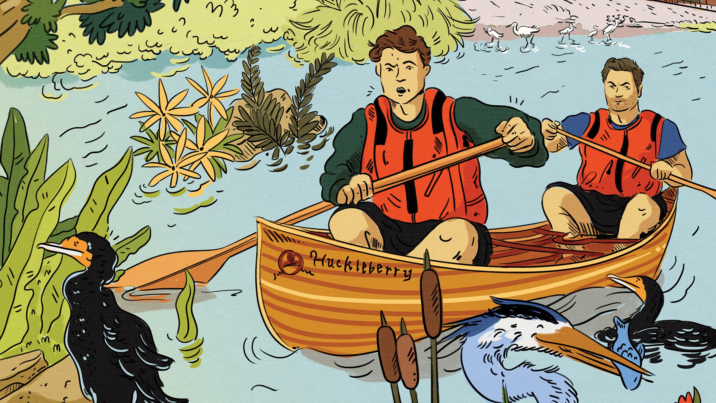 Illustration of Nick Offerman riding his canoe past wildlife