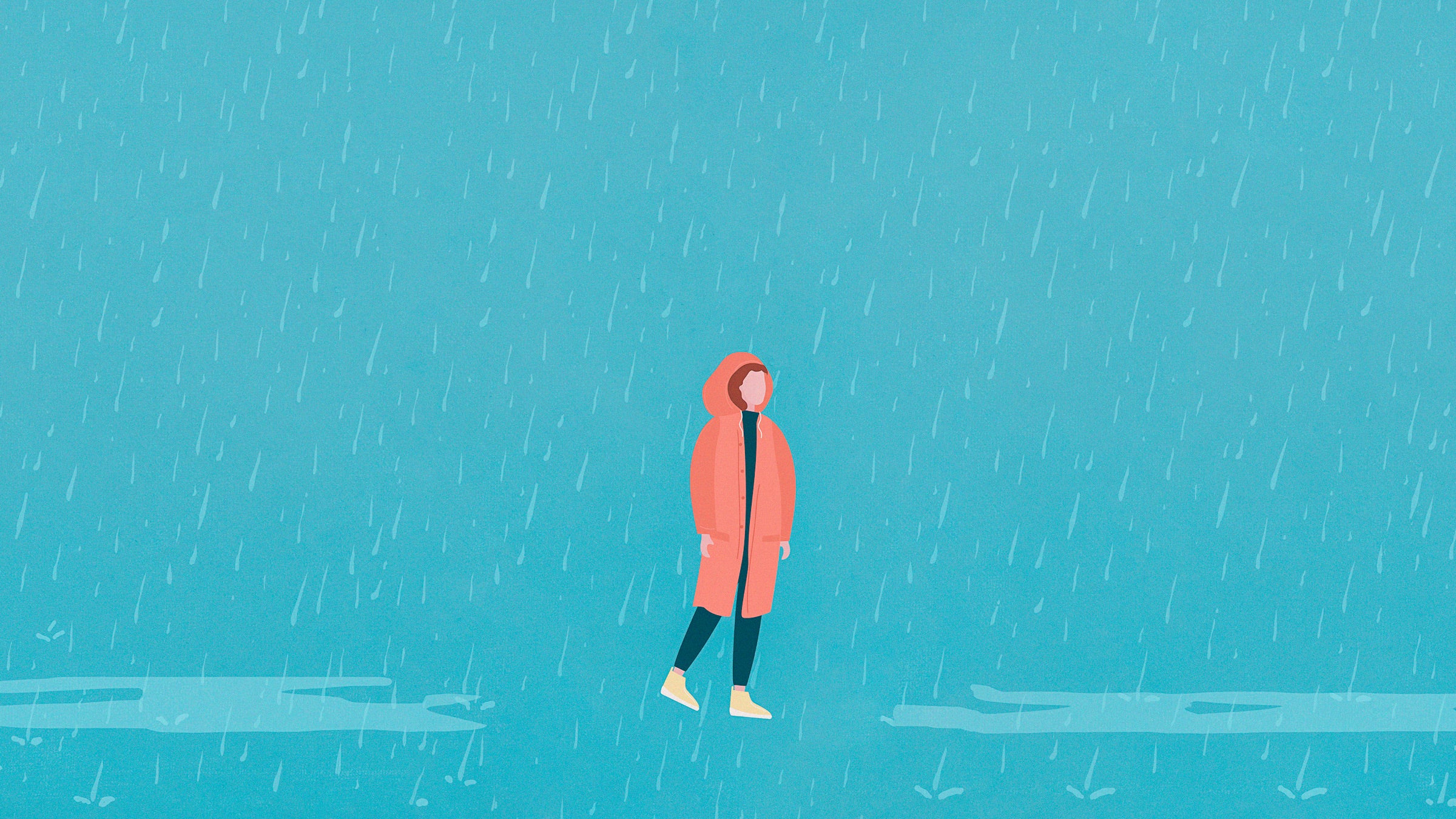 illustration of a person in a rain jacket walking through the rain