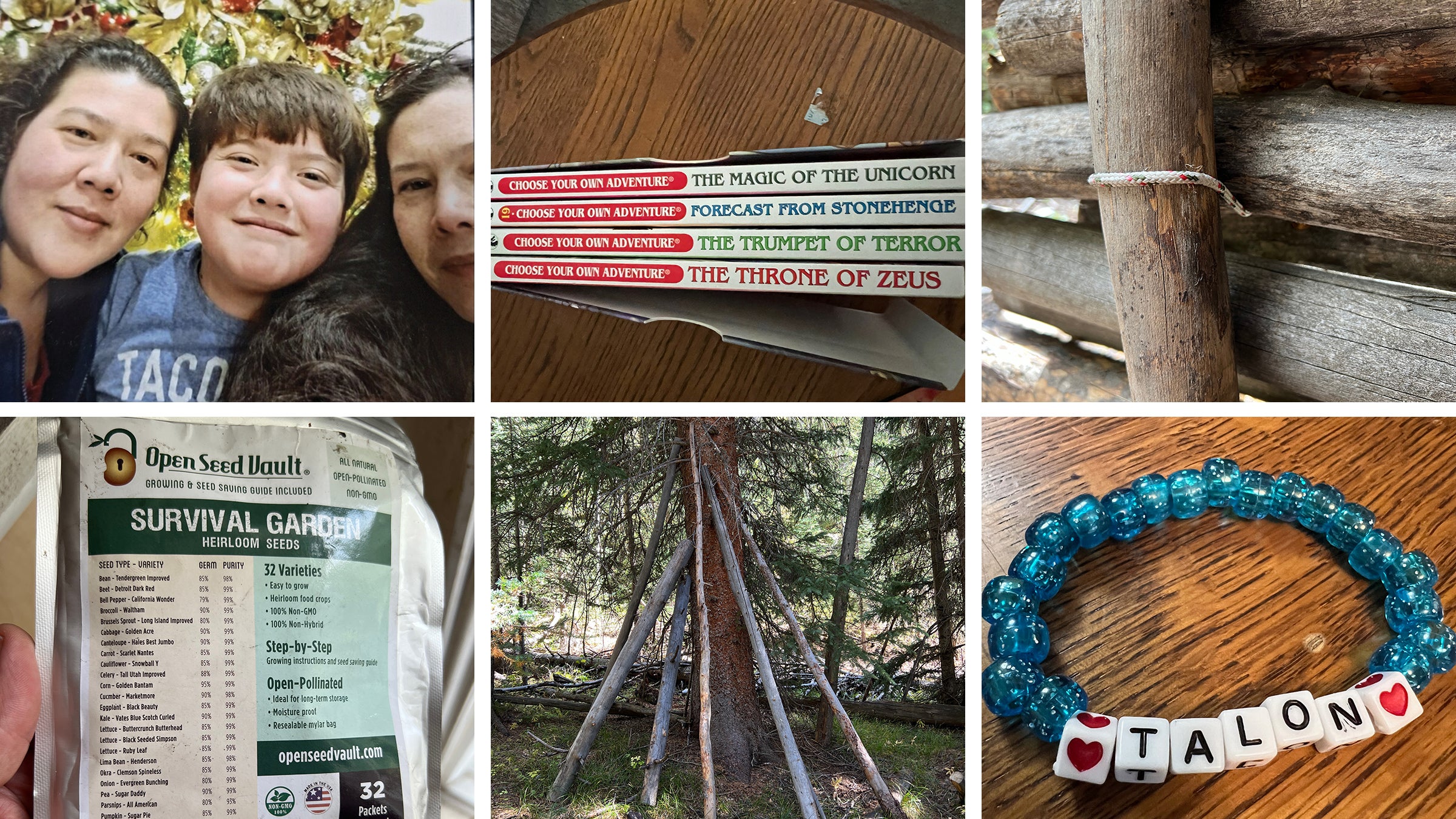 A grid of images with people and items from the story